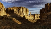 Going down the trail into the Park Avenue/Courthouse Towers area in the early morning hours. The trail is located in Arches National Park, Utah.