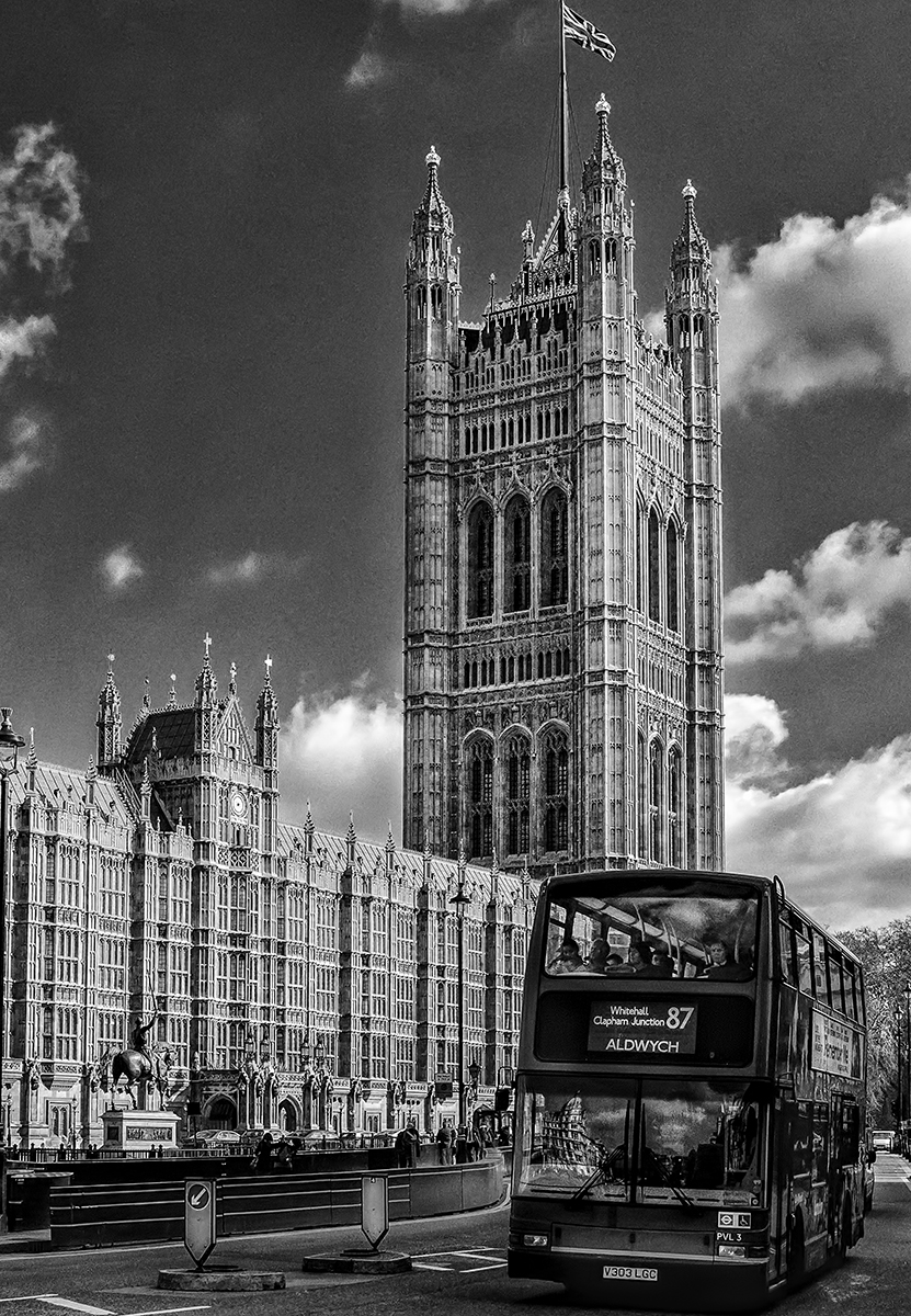 Two iconic features of the United Kingdom...the double-decker bus and Parliament.